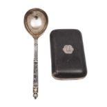 A late 19th Century Russian Niello snuff box and snuff spoon the box with piano hinge marked to