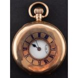 A 9ct Gold half-hunter pocket watch the white enamel dial with black Roman numerals,