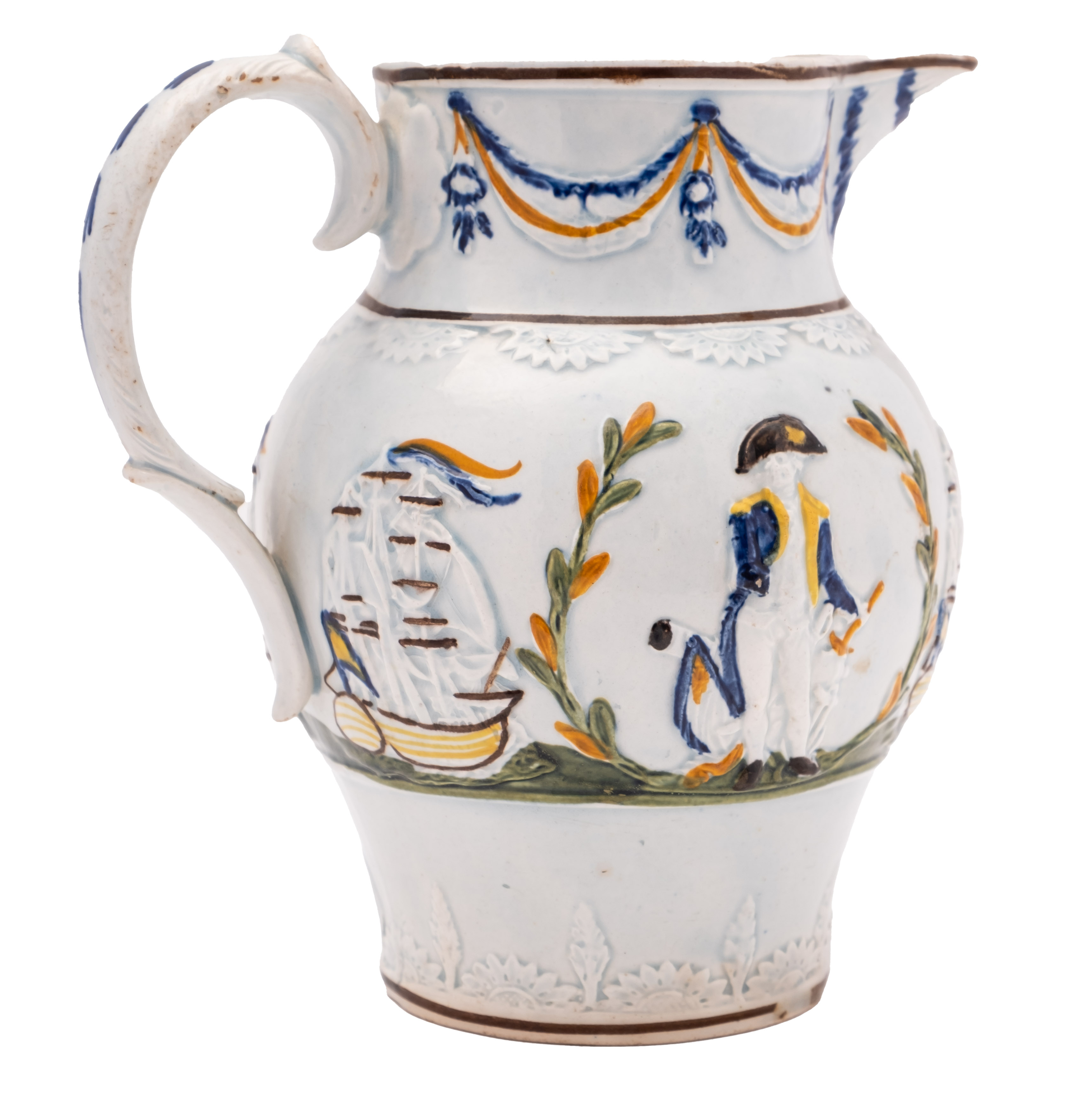 A small Pratt ware 'Admiral Nelson' jug, circa 1800: scroll handle with blue glaze husks, - Image 2 of 3