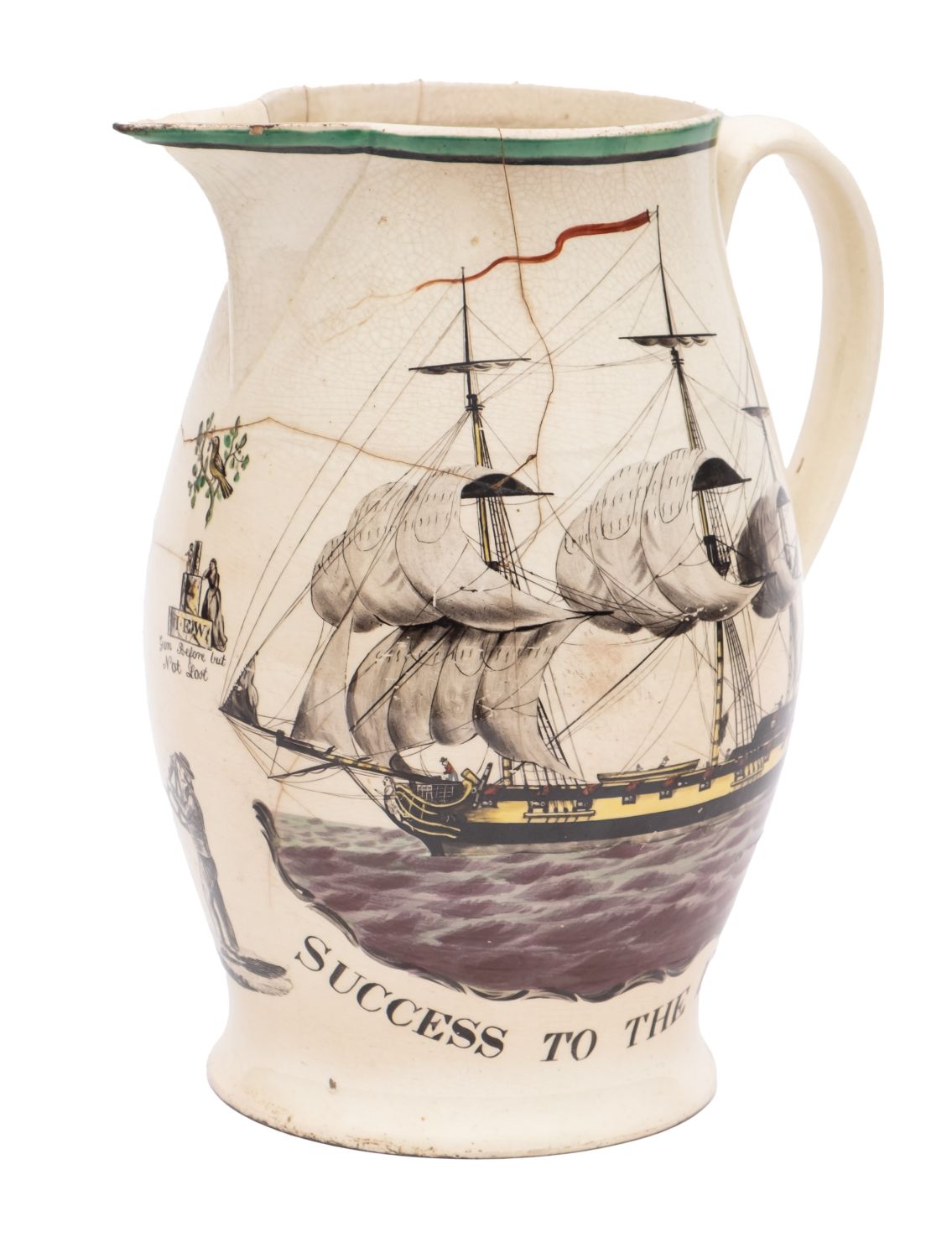 A rare large Liverpool creamware 'Brooks Slavery Ship' jug printed and enamelled on one side with a - Image 2 of 2