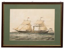 An early 20th century watercolour of two moored steamships: with other shipping beyond, 8.7 x 16.
