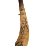 A pair of 19th century scrimshaw decorated horns: one with a portrait of a putto over a portrait of
