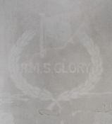 Two framed panels of acid etched glass from the Royal Navy Canopus-class battleship HMS 'Glory',