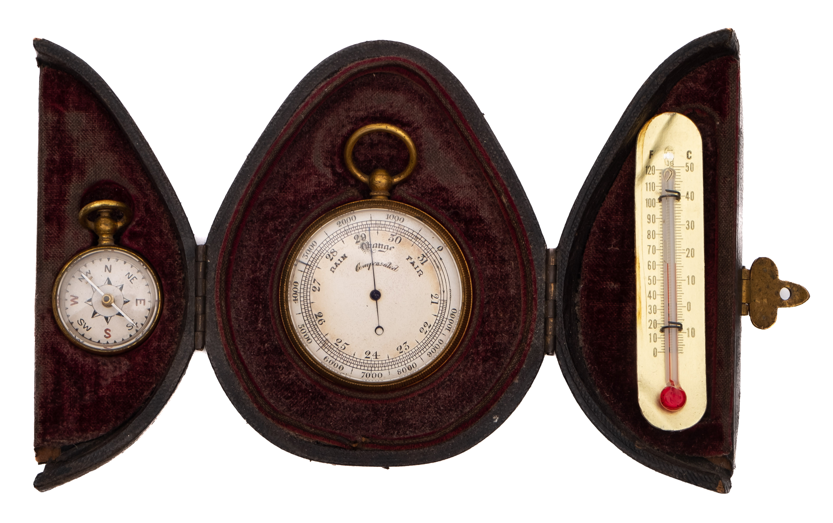A late 19th century leather cased pocket barometer and compass set: the 1 1/12 inch dial barometer