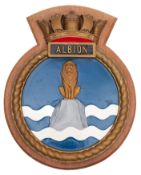 The ship's badge from the Royal Navy Centaur-class light carrier HMS Albion (R07): mounted on an