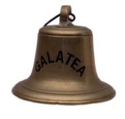 A ship's bell 'Galatea', the 12 inch bell with arched suspension and black filled incised text,