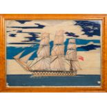 Two mid 19th century woolwork pictures of a 64-gun merchant ship and a steam driven merchant ship: