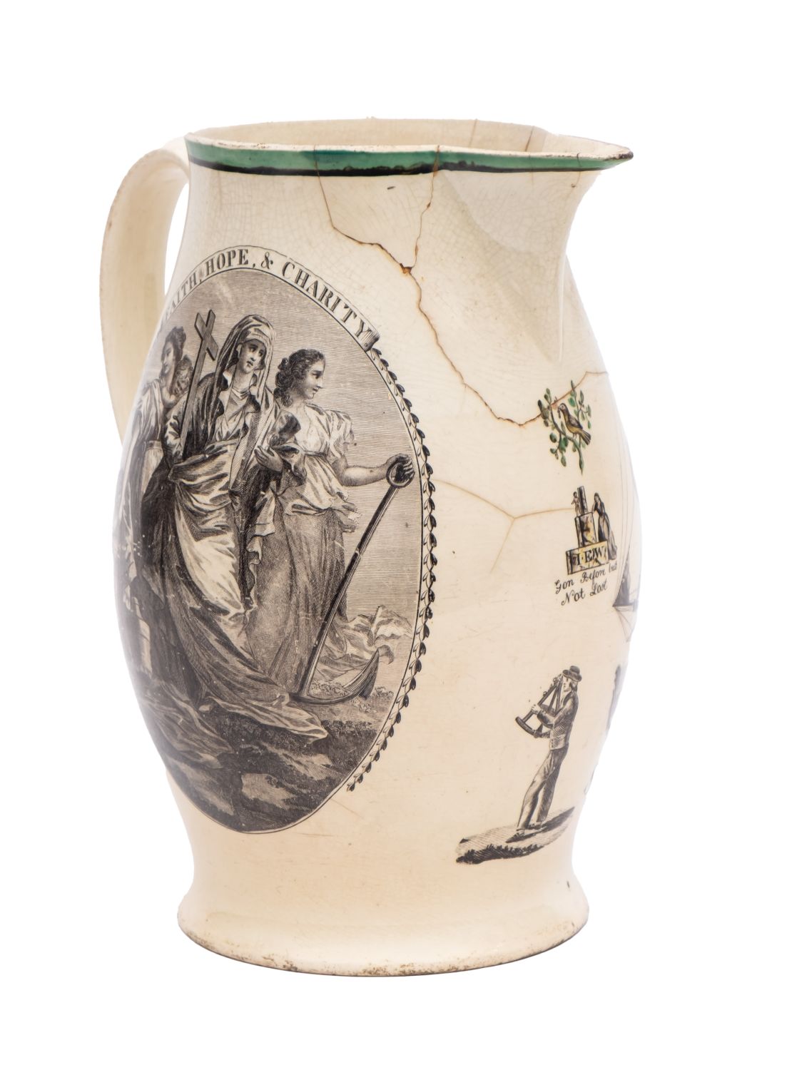 A rare large Liverpool creamware 'Brooks Slavery Ship' jug printed and enamelled on one side with a