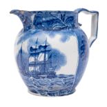 An early 19th century blue and white transfer printed pearlware 'Shipping Series' jug depicting a