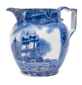 An early 19th century blue and white transfer printed pearlware 'Shipping Series' jug depicting a