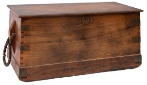A 19th century teak and mahogany seaman's chest: the mahogany top over teak body with rope