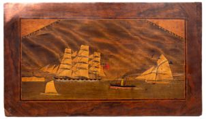 A Trinity House plaque of shipping past a point: polychrome marquetry inlays with a walnut and