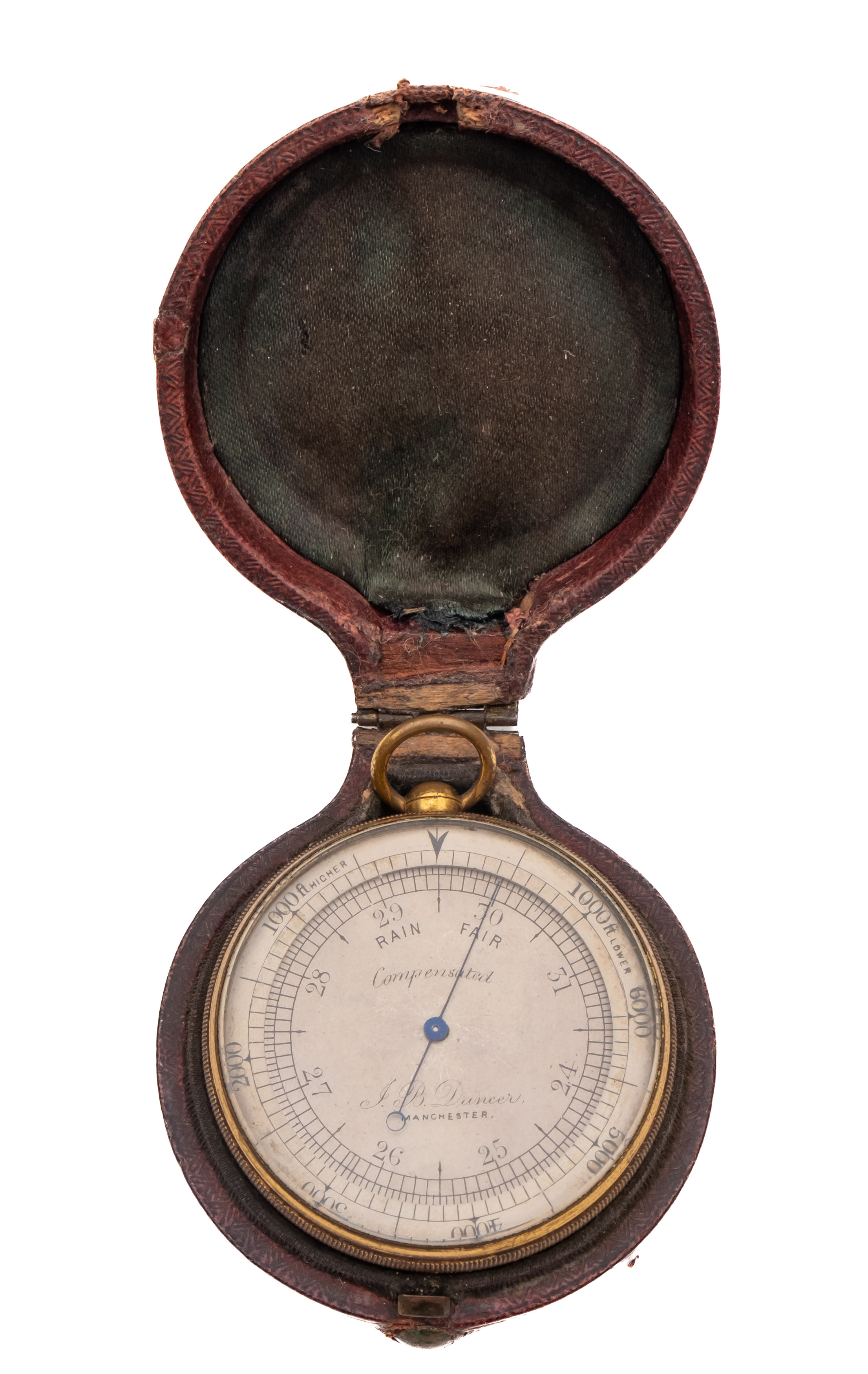 A 19th century lacquered brass compensated pocket barometer, maker J B Dancer,