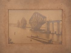 A late 19th century sepia photograph of the Forth Bridge Construction, circa 1884,