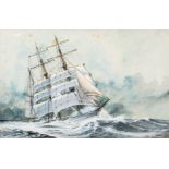 British School (second half 20th century) A sailing ship on a swell signed B.