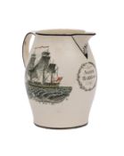 A large Liverpool creamware ship jug with strap handle,