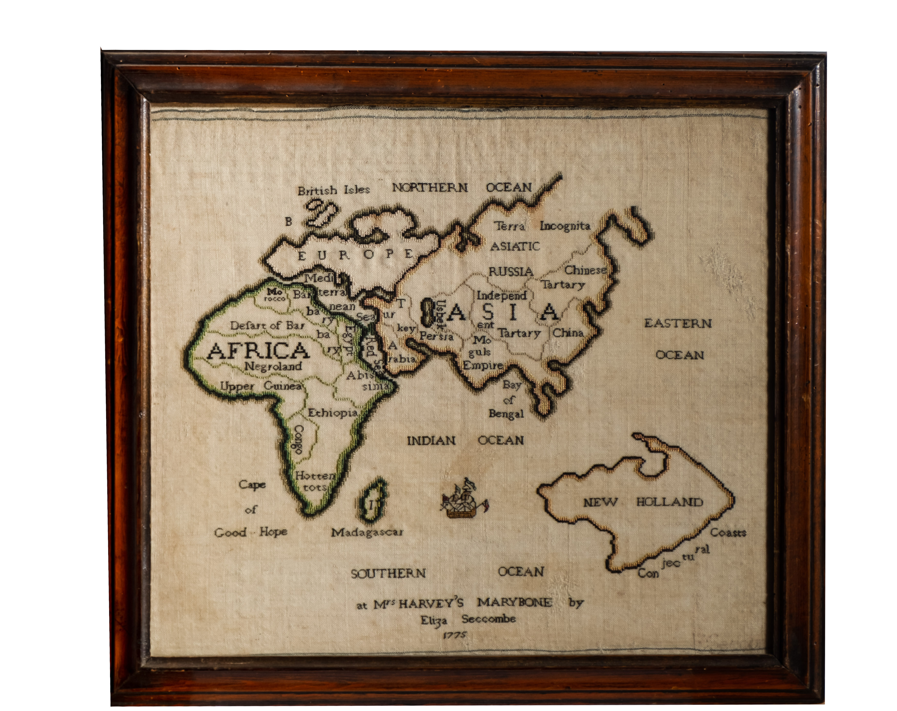 A pair of 18th century needlework maps worked by Eliza Seccombe, 1775: one depicting Europe, Africa, - Image 2 of 2