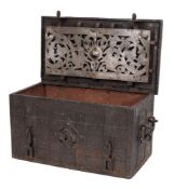 A 17th century German iron strong box or 'Armada' chest: the strap work exterior with ring hasp