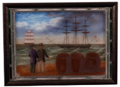 A stained glass panel of Rum traders: depicting two gentleman on a beach beside barrels marked