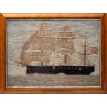 A 19th century woolwork of the Royal Navy Calypso-class corvette HMS 'Callipoe': set full sail and