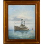 A pair of hand-embellished prints of naval ships, H. M. S. Bellerophon and H. M. S.