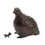 A Japanese bronze koro and cover naturalistically modelled in the form of a quail, Meiji period,