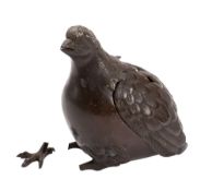 A Japanese bronze koro and cover naturalistically modelled in the form of a quail, Meiji period,