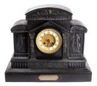 A Victorian French black slate mantel clock of classical form the eight-day duration movement