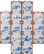 A set of sixteen Dutch blue and white delftware tiles in four frames,