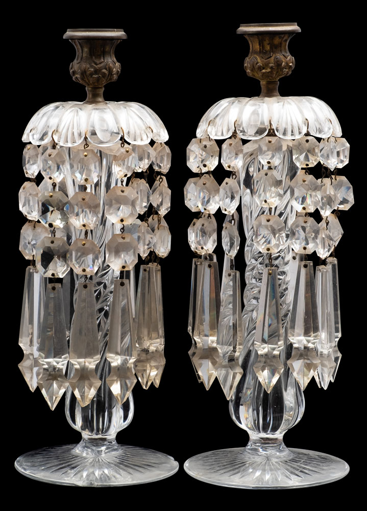 A pair of 19th century cut-glass lustre candlesticks with gilt-metal sconces,