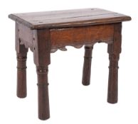 A 17th century and later oak joynt stool, the board top above a moulded and shaped frieze,