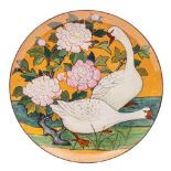 A Minton's 'Art-Pottery Studio' earthenware charger decorated with two geese on a grassy bank,