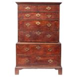 A George II oak and yew banded secretaire chest on chest,