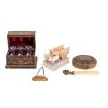 A mixed lot of collectables including a 19th century boulle scent bottle case containing three blue