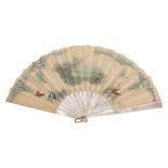 A French mother-of-pearl mounted fan and an early 20th century lace dress the fan embroidered with