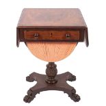 A William IV mahogany and rosewood crossbanded drop flap work table the hinged top with rounded