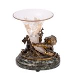 A Continental patinated and parcel gilt bronze and glass mounted vase centrepiece,