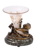 A Continental patinated and parcel gilt bronze and glass mounted vase centrepiece,