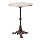 A cast iron and veined white marble topped circular garden table,