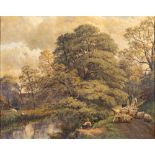 John Joseph Hughes (British, circa 1827-1908/9) A wooded riverbank with a fisherman,