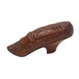 A yew wood treen shoe snuff box and cover,