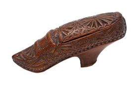 A yew wood treen shoe snuff box and cover,