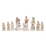 A pair of Staffordshire porcelain figures of musicians and six late 18th century Derby figures of