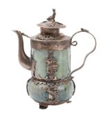 A Chinese white-metal and jade mounted teapot and cover with rabbit finial,