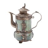 A Chinese white-metal and jade mounted teapot and cover with rabbit finial,