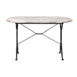 A veined white marble, wrought and cast iron garden table,