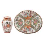 A Chinese Canton famille rose shell dish and a Japanese tea caddy with inner and outer covers the