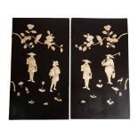 A pair of Japanese bone inlaid black lacquer relief panels depicting a fisherman and a peasant,