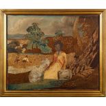 A George III silkwork picture of a maiden in a landscape,