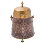 A copper and brass mounted coal hod, probably Low Countries,